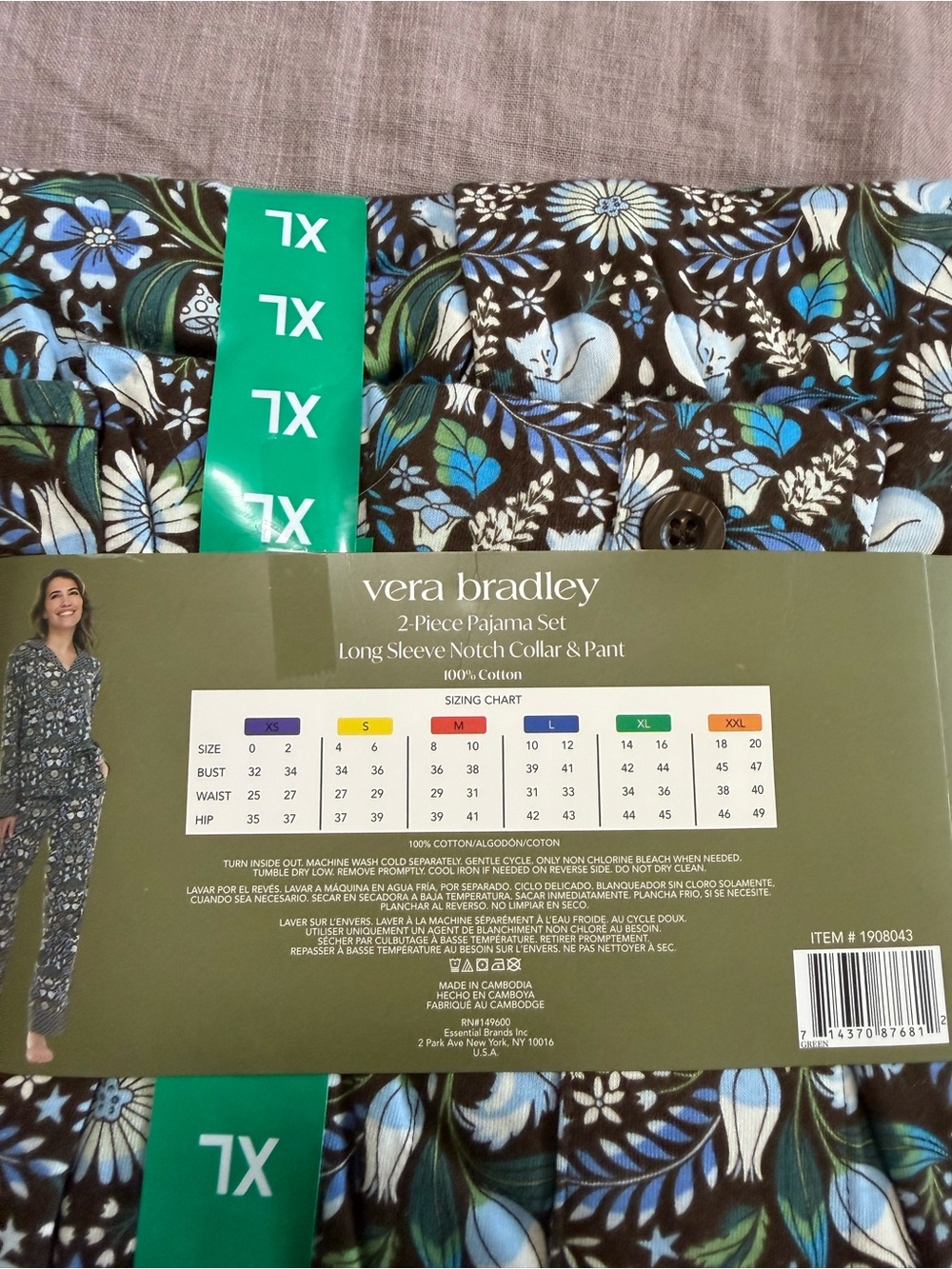 NWT Vera Bradley 2-Piece Pajama Set Blue Black Floral Size XL 100% Cotton Lounge - Picture 7 of 7